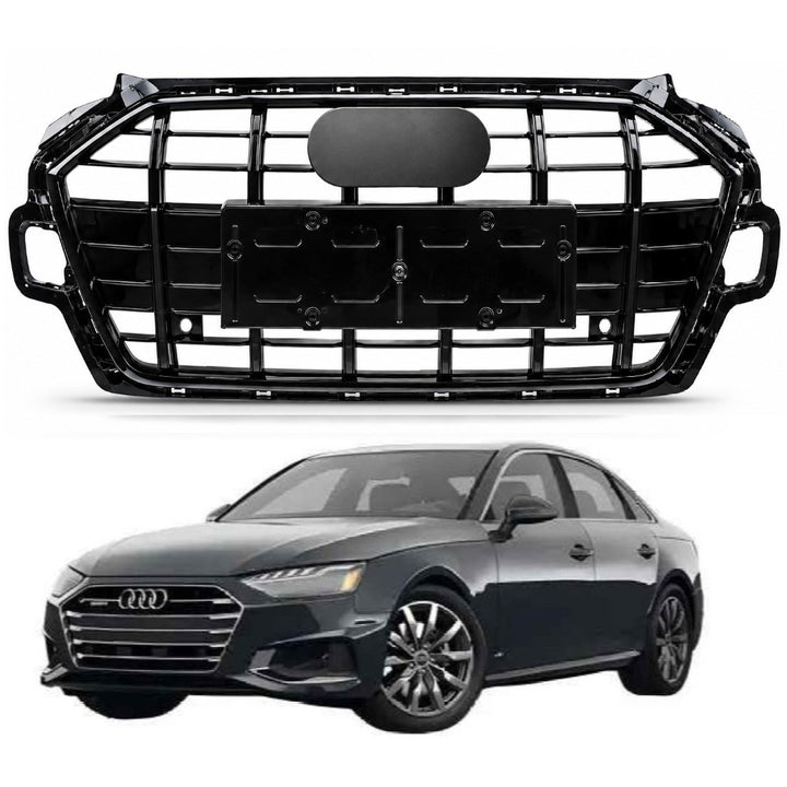 Car Craft Compatible With Audi A4 B9.5 2021+ Upgraded Front Bumper Show Grill Rs4 S4 Rs Sport Style For All Road Model Usa Matte Black Frame Silvery Strip All Logo Silver License Plate Eu Version A4-075 Gc