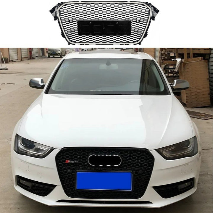 Car Craft Compatible With Audi A4 B8.5 2013-2016 Upgraded Front Bumper Show Grill Rs4 S4 Rs Sport Style Silver Frame Black Mesh All Logo Silver License Plate Eu Version Nlg A4-013 Gc
