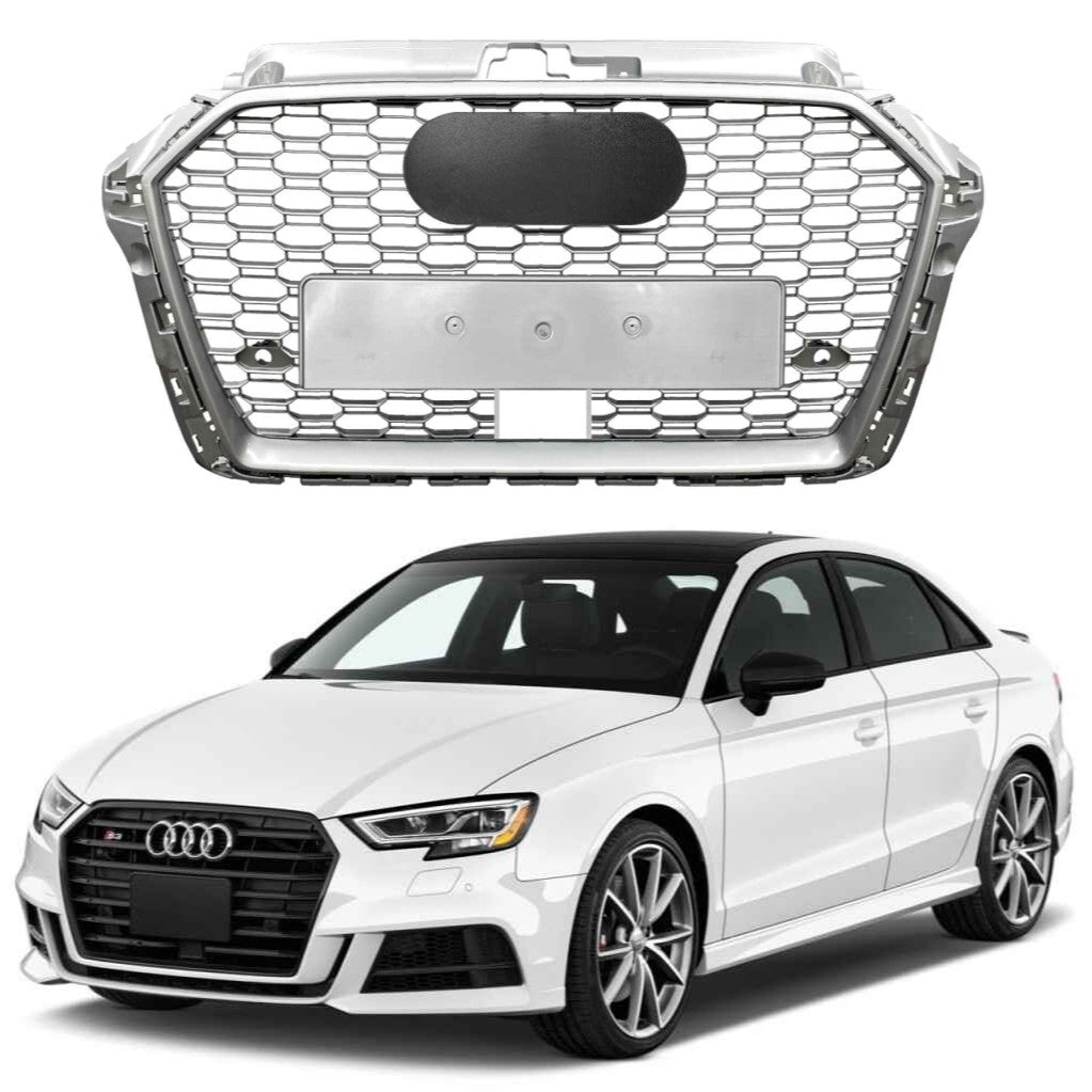 Car Craft Compatible With Audi A3 2017-2020 Upgraded Front Bumper Show Grill Rs3 S3 Rs Sport Style With Acc Silver Frame Silver Mesh All Logo Silver A3-049 Gc