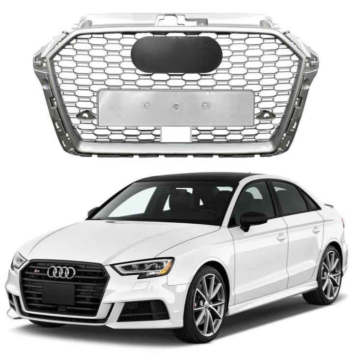 Car Craft Compatible With Audi A3 2017-2020 Upgraded Front Bumper Show Grill Rs3 S3 Rs Sport Style With Acc Silver Frame Silver Mesh All Logo Silver A3-049 Gc