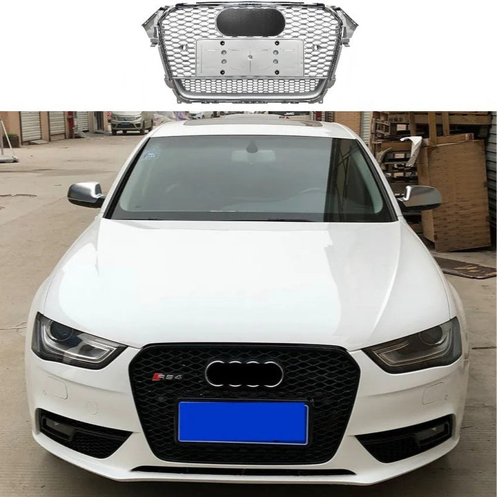 Car Craft Compatible With Audi A4 B8.5 2013-2016 Upgraded Front Bumper Show Grill Rs4 S4 Rs Sport Style Silver Frame Silver Mesh All Logo Silver License Plate Eu Version Qt A4-062 Gc
