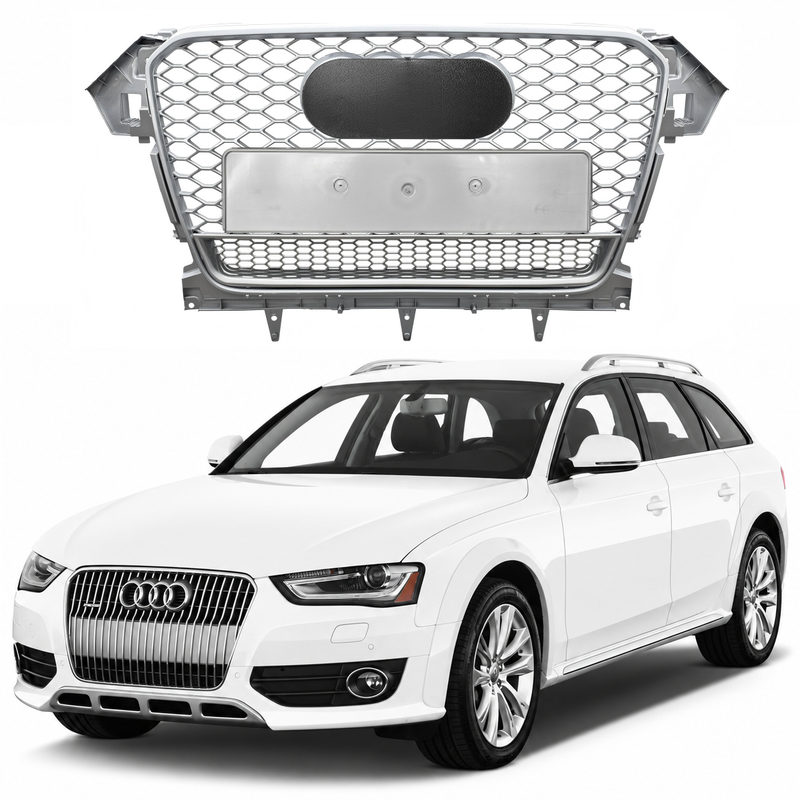Car Craft Compatible With Audi A4 B8.5 2013-2016 Upgraded Front Bumper Show Grill Rs4 S4 Rs Sport Style Silver Frame Silver Mesh All Logo Silver License Plate Eu Version Qt All Road Usa A4-067 Gc
