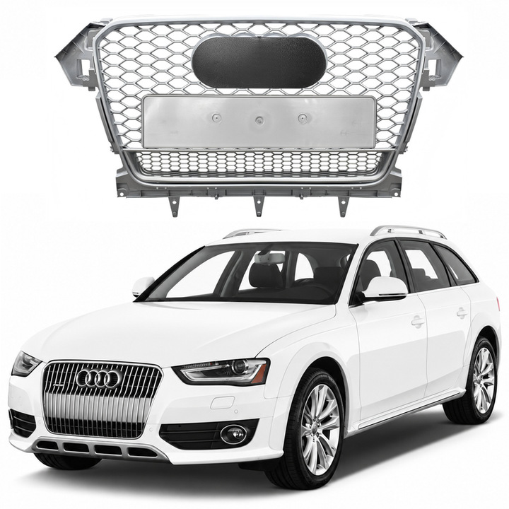 Car Craft Compatible With Audi A4 B8.5 2013-2016 Upgraded Front Bumper Show Grill Rs4 S4 Rs Sport Style Silver Frame Silver Mesh All Logo Silver License Plate Eu Version Qt All Road Usa A4-067 Gc