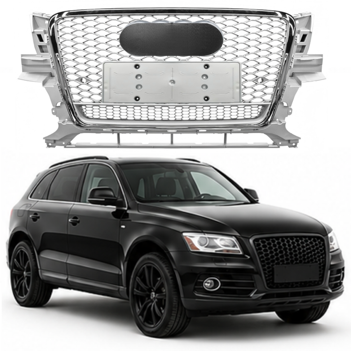 Car Craft Compatible With Audi Q5 2008-2012 Upgraded Front Bumper Show Grill Rsq5 Rs Sport Style Silver Frame Silver Mesh All Logo Silver License Plate Eu Version Q5-018 Gc Silver Qt