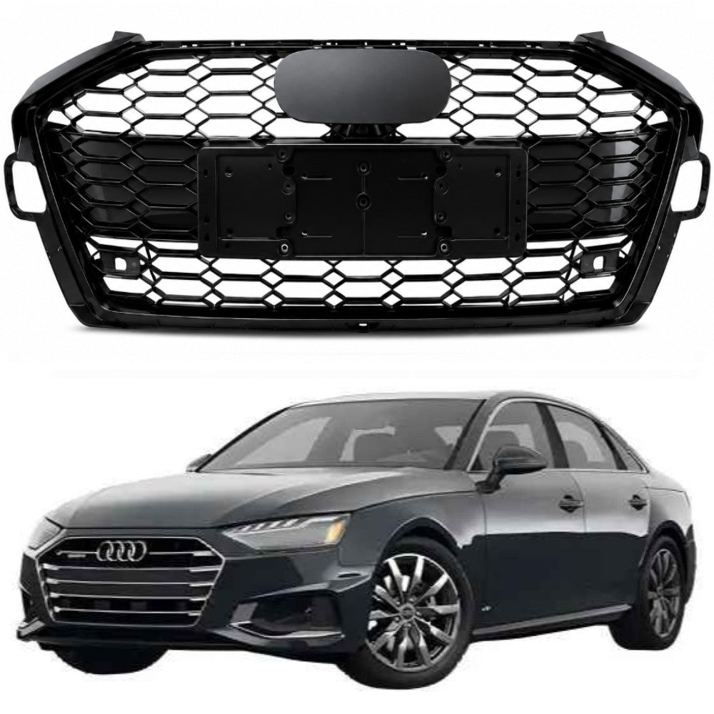 Car Craft Compatible With Audi A4 B9.5 2021+ Upgraded Front Bumper Show Grill Rs4 S4 Rs Sport Style Black Frame Black Mesh All Logo Silver License Plate Eu Version A4-037 Gc CC-10836