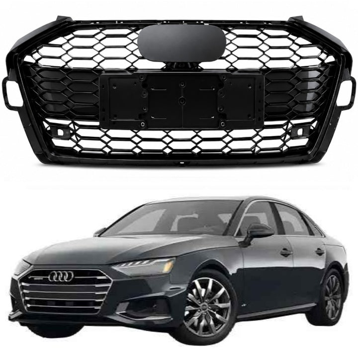 Car Craft Compatible With Audi A4 B9.5 2021+ Upgraded Front Bumper Show Grill Rs4 S4 Rs Sport Style Black Frame Black Mesh All Logo Silver License Plate Eu Version A4-037 Gc CC-10836