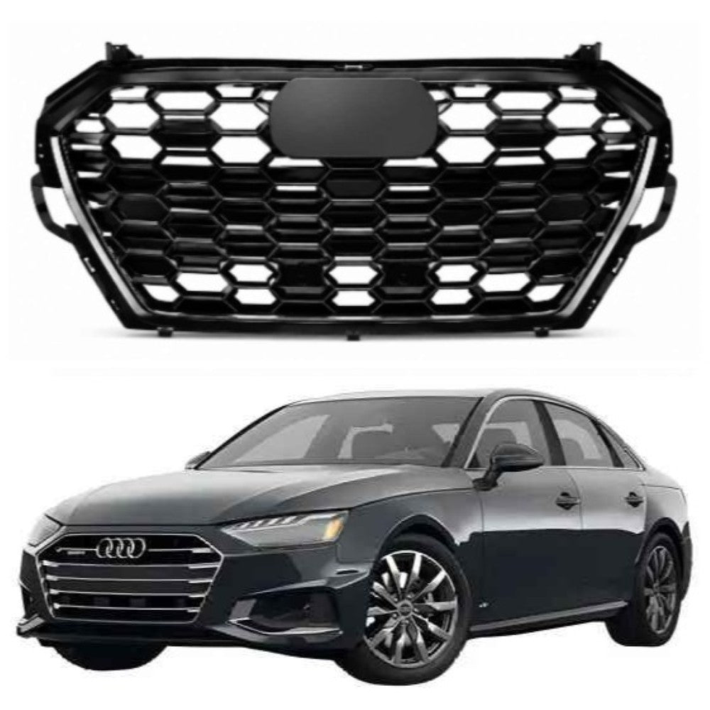 Car Craft Compatible With Audi A4 B9.5 2021+ Upgraded Front Bumper Show Grill Rs4 S4 Rs Sport Style Silver Frame Black Mesh All Logo Silver License Plate Eu Version A4-035 Gc CC-10834