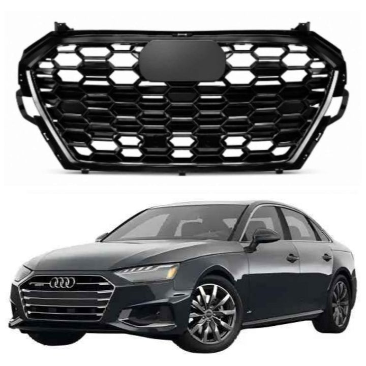 Car Craft Compatible With Audi A4 B9.5 2021+ Upgraded Front Bumper Show Grill Rs4 S4 Rs Sport Style Silver Frame Black Mesh All Logo Silver License Plate Eu Version A4-035 Gc CC-10834