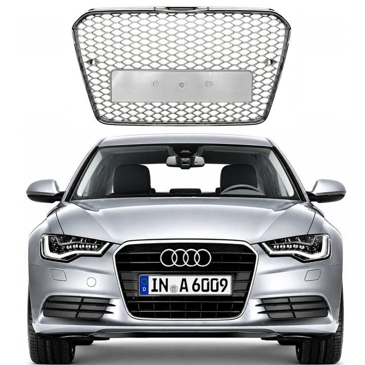 Car Craft Compatible With Audi A6 C7 2011-2015 Upgraded Front Bumper Show Grill Rs6 S6 Rs Sport Silver Frame Silver Mesh No Logo License Plate Eu Version A6-112 Gc