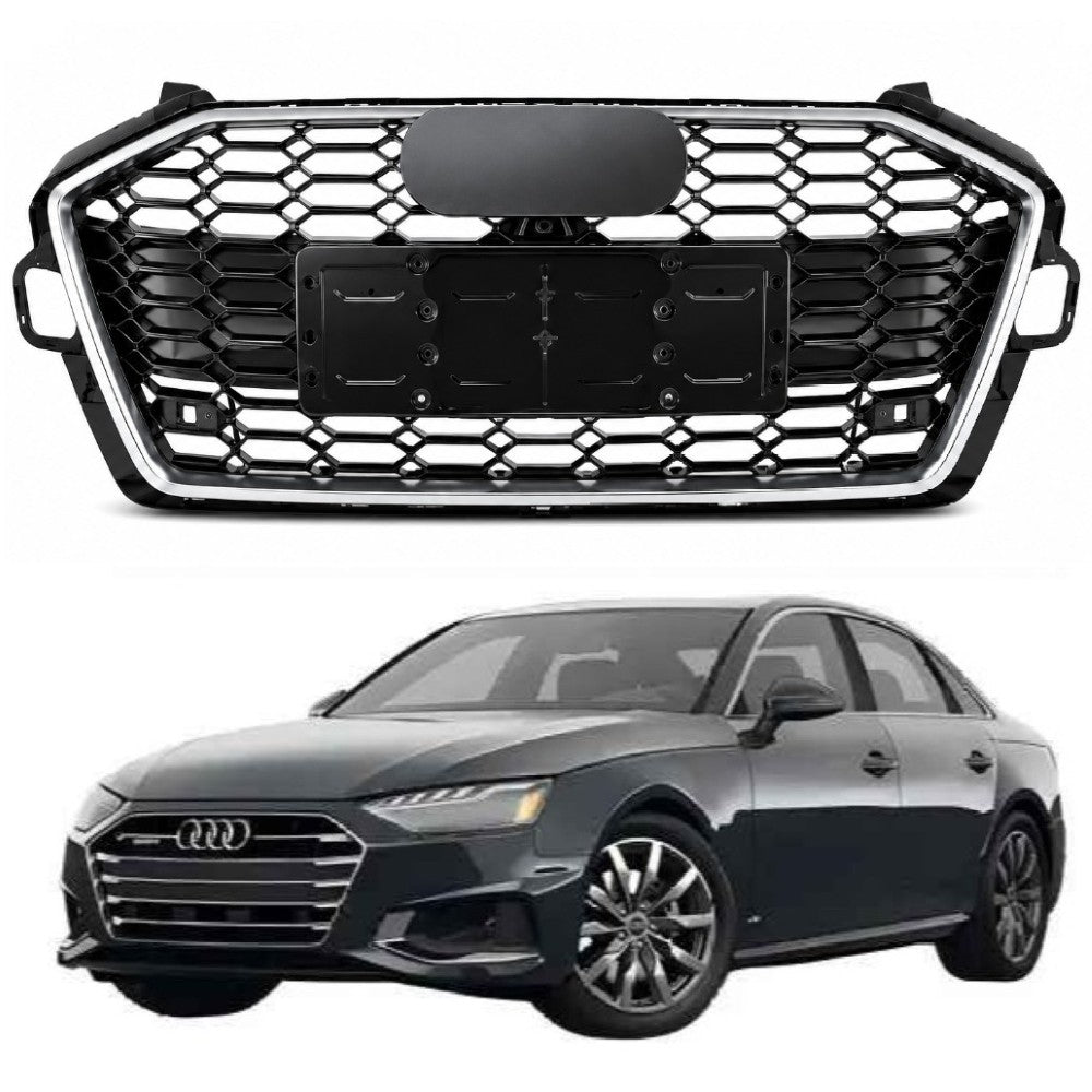 Car Craft Compatible With Audi A4 B9.5 2021+ Upgraded Front Bumper Show Grill Rs4 S4 Rs Sport Style Silver Frame Black Mesh All Logo Silver License Plate Eu Version A4-038 Gc CC-10837