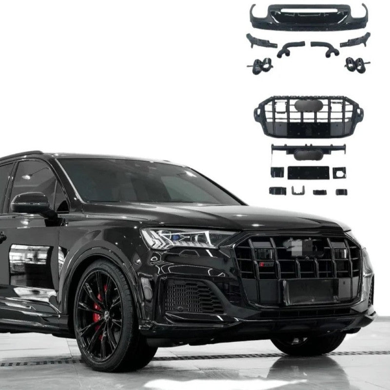 Car Craft Compatible With Audi Q7 2021-2023 Upgraded Rsq7 Sq7 Front Bumper Show Grill Rear After Lip Bumper Diffuser With Acc Glossy Black Frame Black Strip All Logo Silver Rear Lip Black Q7-005 Gc