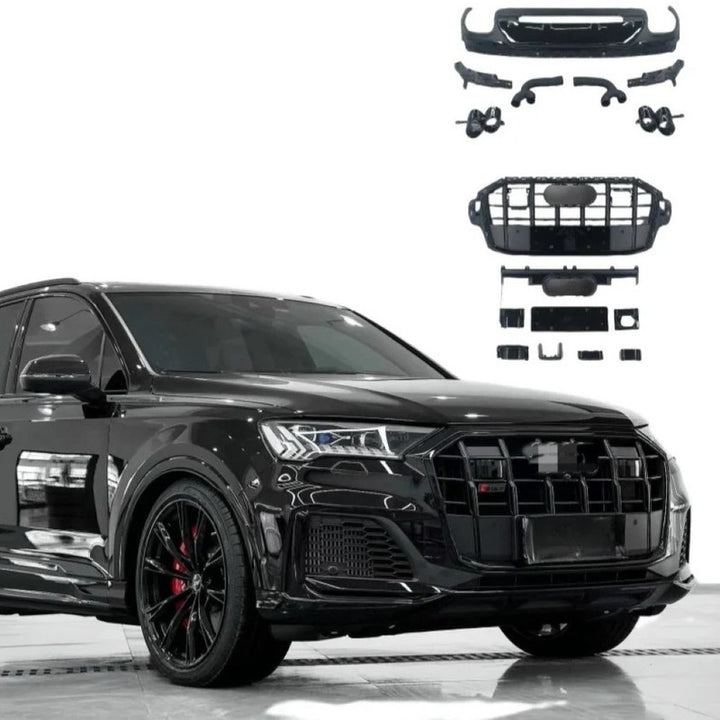 Car Craft Compatible With Audi Q7 2021-2023 Upgraded Rsq7 Sq7 Front Bumper Show Grill Rear After Lip Bumper Diffuser With Acc Glossy Black Frame Black Strip All Logo Silver Rear Lip Black Q7-005 Gc
