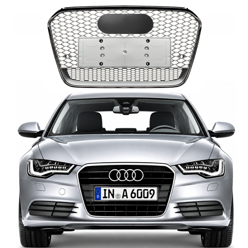 Car Craft Compatible With Audi A6 C7 2011-2015 Upgraded Front Bumper Show Grill Rs6 S6 Rs Sport Silver Frame Silver Mesh All Logo Silver License Plate Eu Version A6-111 Gc