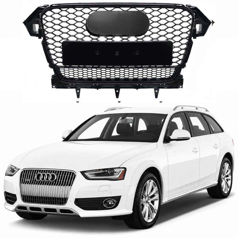 Car Craft Compatible With Audi A4 B8.5 2013-2016 Upgraded Front Bumper Show Grill Rs4 S4 Rs Sport Style Black Frame Black Mesh All Logo Silver License Plate Eu Version Qt All Road Usa A4-068 Gc