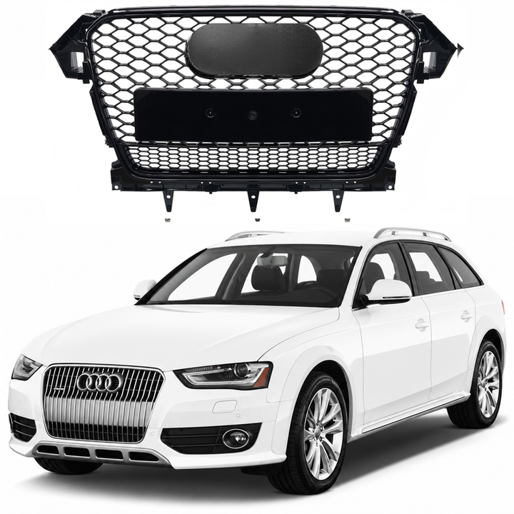 Car Craft Compatible With Audi A4 B8.5 2013-2016 Upgraded Front Bumper Show Grill Rs4 S4 Rs Sport Style Black Frame Black Mesh All Logo Silver License Plate Eu Version Qt All Road Usa A4-068 Gc