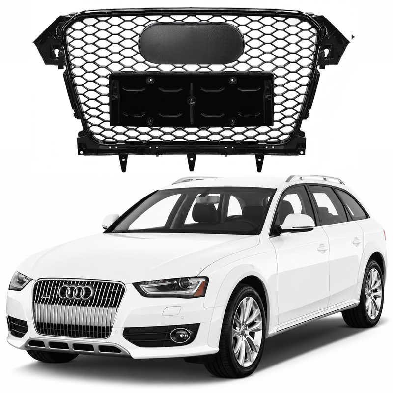 Car Craft Compatible With Audi A4 B8.5 2013-2016 Upgraded Front Bumper Show Grill Rs4 S4 Rs Sport Style Black Frame Black Mesh All Logo Silver License Plate Eu Version All Road Usa A4-066 Gc