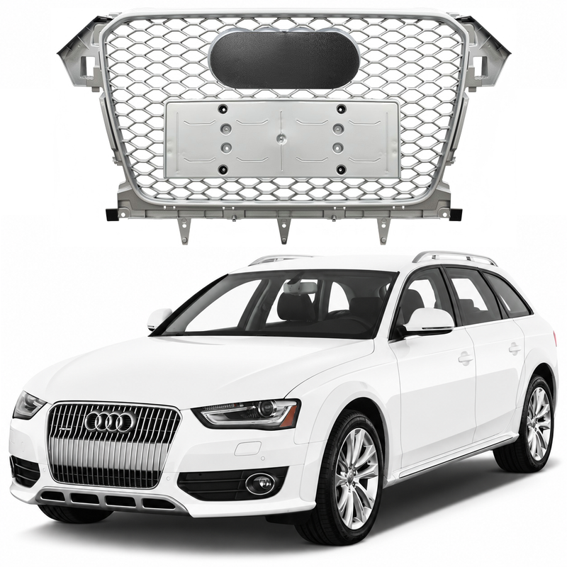 Car Craft Compatible With Audi A4 B8.5 2013-2016 Upgraded Front Bumper Show Grill Rs4 S4 Rs Sport Style Silver Frame Silver Mesh All Logo Silver License Plate Eu Version All Road Usa A4-065 Gc