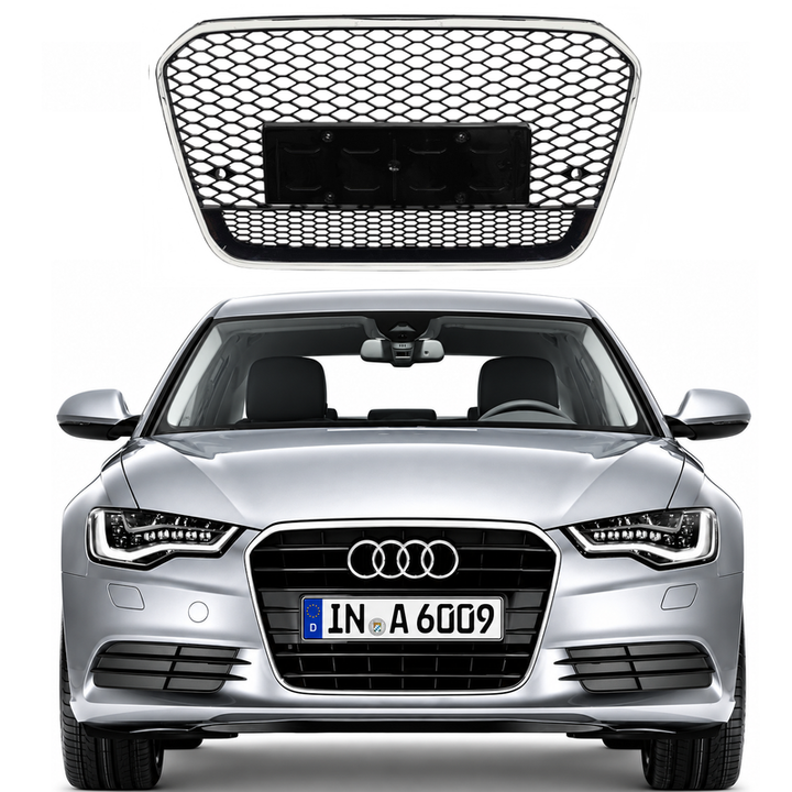 Car Craft Compatible With Audi A6 C7 2011-2015 Upgraded Front Bumper Show Grill Rs6 S6 Rs Sport Silver Frame Black Mesh No Logo License Plate Eu Version A6-007 Gc
