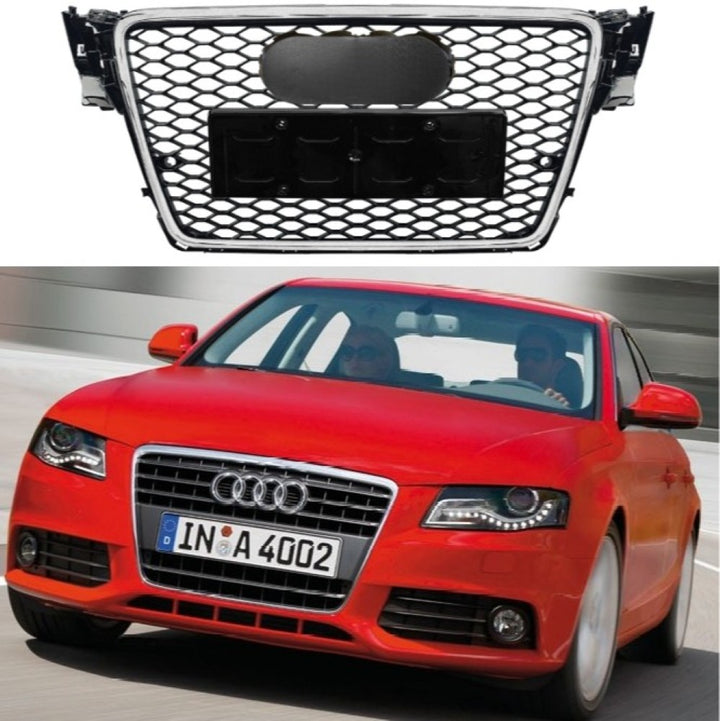 Car Craft Compatible With Audi A4 2009-2012 Upgraded Front Bumper Show Grill Rs4 Rs Sport Style Silver Frame Black Mesh All Logo Silver License Plate Eu Version A4-001 Gc