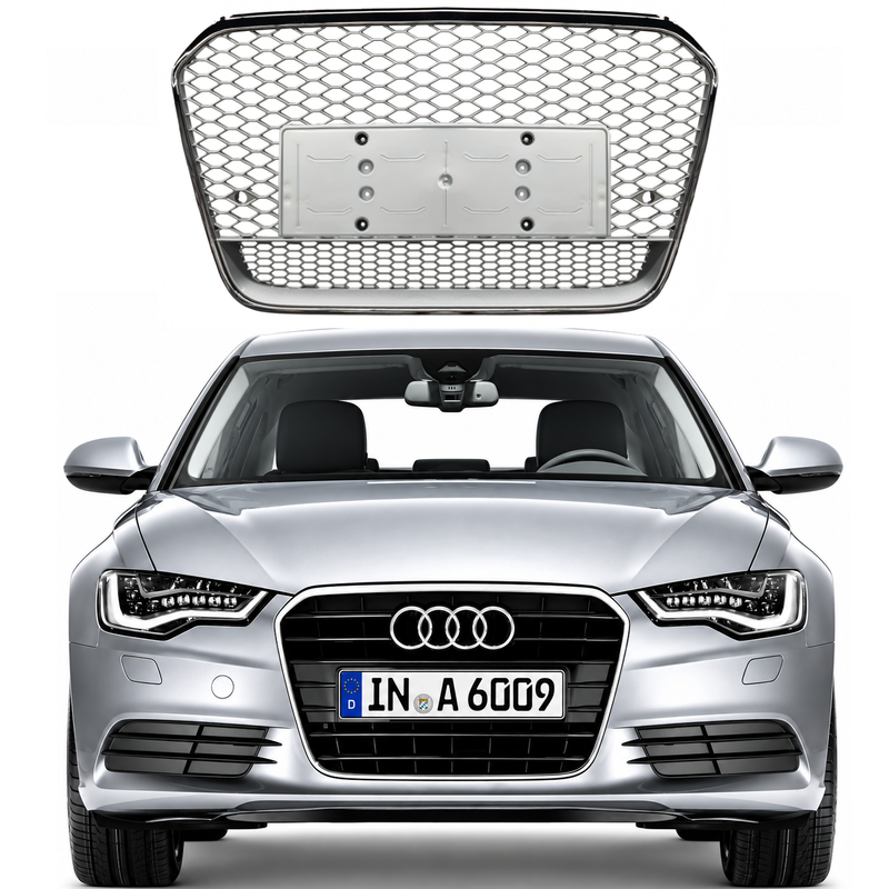 Car Craft Compatible With Audi A6 C7 2011-2015 Upgraded Front Bumper Show Grill Rs6 S6 Rs Sport Silver Frame Silver Mesh No Logo License Plate Eu Version A6-113 Gc