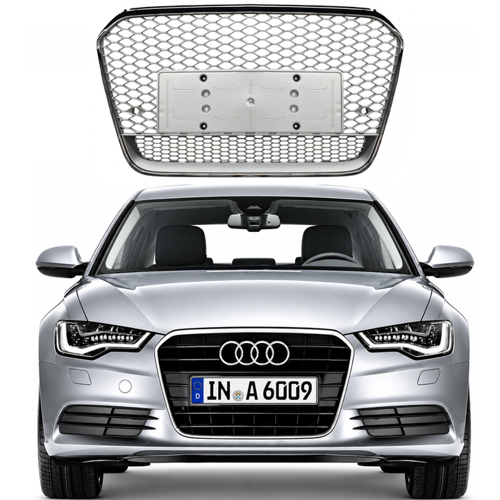 Car Craft Compatible With Audi A6 C7 2011-2015 Upgraded Front Bumper Show Grill Rs6 S6 Rs Sport Silver Frame Silver Mesh No Logo License Plate Eu Version A6-113 Gc