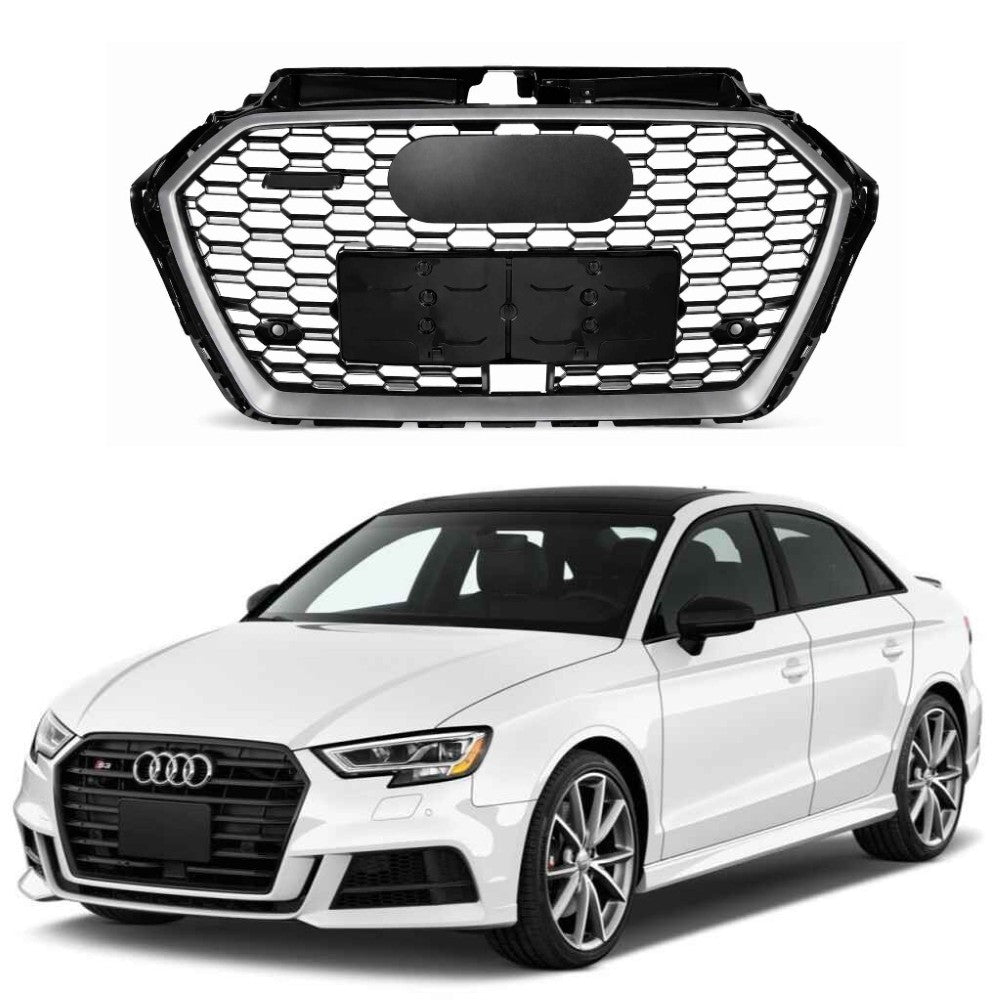 Car Craft Compatible With Audi A3 2017-2020 Upgraded Front Bumper Show Grill Rs3 S3 Rs Sport Style With Acc Silver Frame Black Mesh All Logo Silver A3-010 Gc - CAR CRAFT INDIA