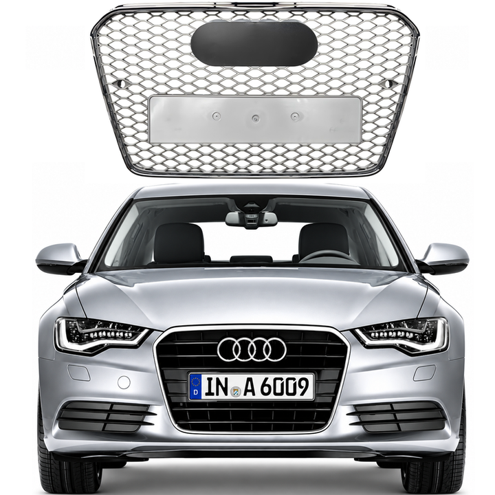 Car Craft Compatible With Audi A6 C7 2011-2015 Upgraded Front Bumper Show Grill Rs6 S6 Rs Sport Silver Frame Silver Mesh All Logo Silver License Plate Eu Version A6-110 Gc