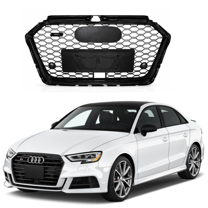 Car Craft Compatible With Audi A3 2017-2020 Upgraded Front Bumper Show Grill Rs3 S3 Rs Sport Style Black Frame Black Mesh All Logo Silver A3-011 Gc - CAR CRAFT INDIA