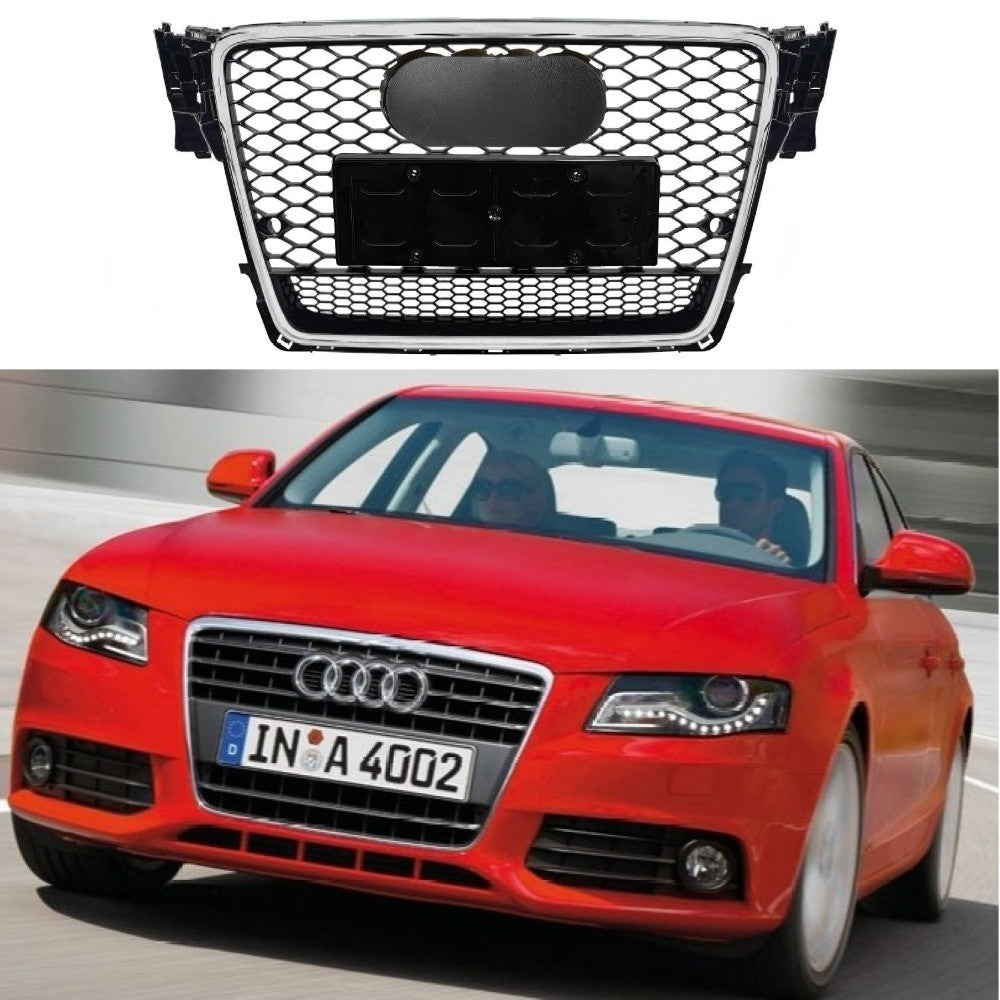 Car Craft Compatible With Audi A4 2009-2012 Upgraded Front Bumper Show Grill Rs4 Rs Sport Style Silver Frame Black Mesh All Logo Silver License Plate Eu Version Quattro A4-003 Gc