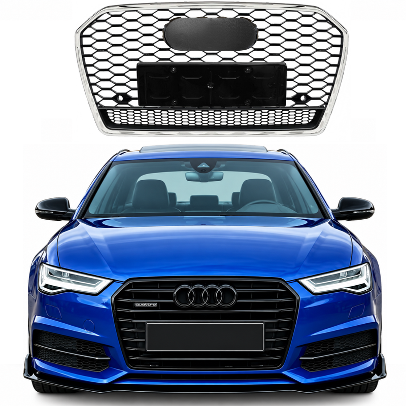 Car Craft Compatible With Audi A6 C7.5 2016-2018 Upgraded Front Bumper Show Grill Rs6 S6 Rs Sport Silver Frame Black Mesh All Logo Silver License Plate Eu Version A6-011 Gc