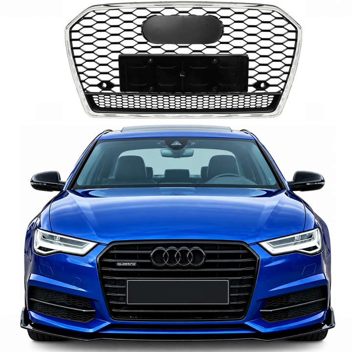 Car Craft Compatible With Audi A6 C7.5 2016-2018 Upgraded Front Bumper Show Grill Rs6 S6 Rs Sport Silver Frame Black Mesh All Logo Silver License Plate Eu Version A6-011 Gc