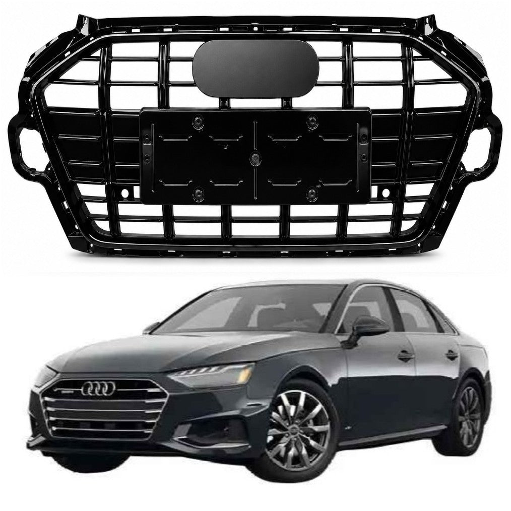 Car Craft Compatible With Audi A4 B9.5 2021+ Upgraded Front Bumper Show Grill Rs4 S4 Rs Sport Style For All Road Model Usa Glossy Black Frame Black Strip All Logo Silver License Plate Eu Version A4-074 Gc