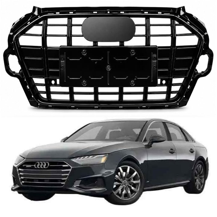 Car Craft Compatible With Audi A4 B9.5 2021+ Upgraded Front Bumper Show Grill Rs4 S4 Rs Sport Style For All Road Model Usa Glossy Black Frame Black Strip All Logo Silver License Plate Eu Version A4-074 Gc