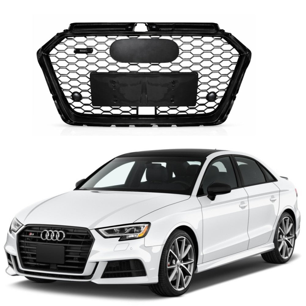 Car Craft Compatible With Audi A3 2017-2020 Upgraded Front Bumper Show Grill Rs3 S3 Rs Sport Style With Acc Black Frame Black Mesh All Logo Silver A3-012 Gc - CAR CRAFT INDIA