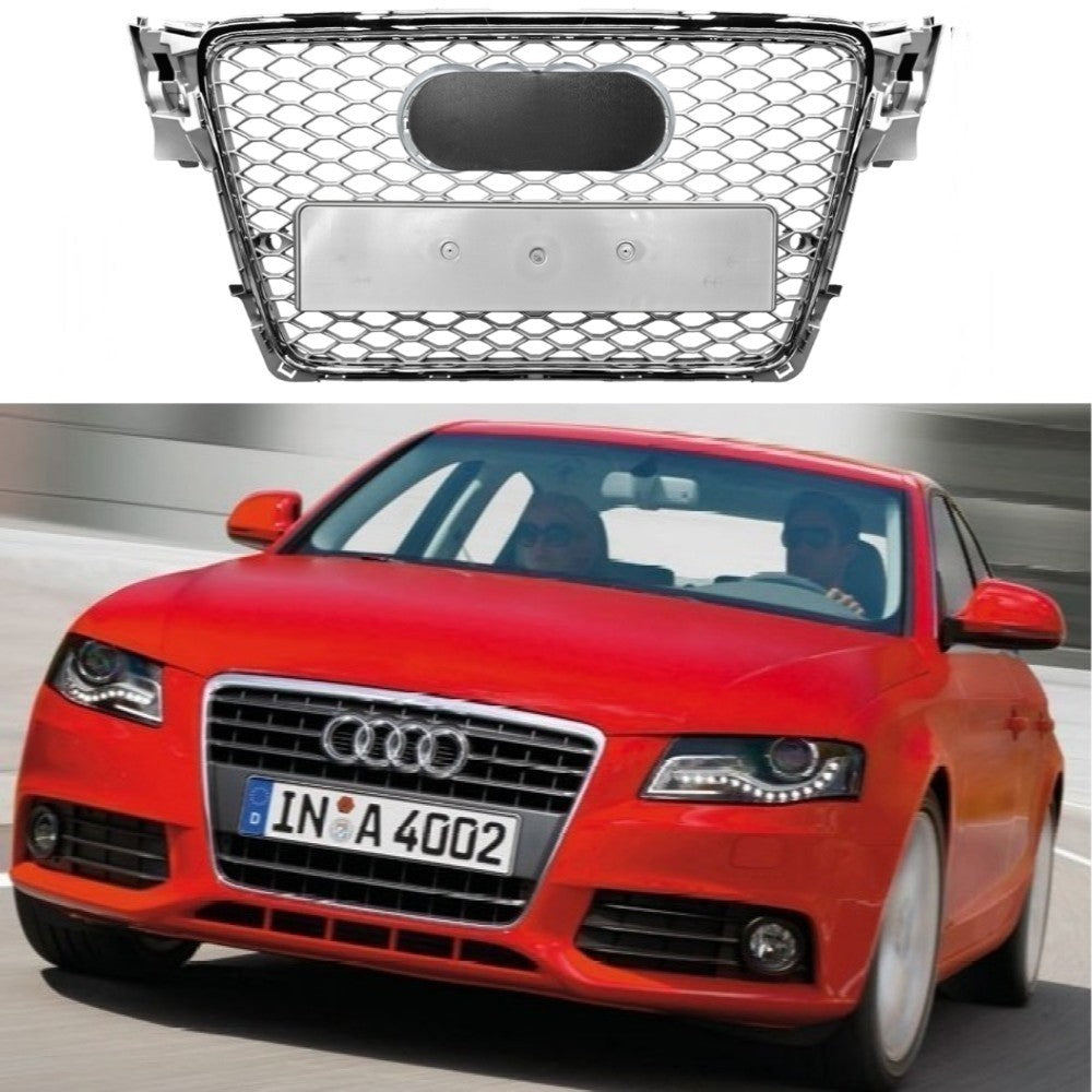 Car Craft Compatible With Audi A4 2009-2012 Upgraded Front Bumper Show Grill Rs4 Rs Sport Style Silver Frame Silver Mesh All Logo Silver License Plate Eu Version A4-057 Gc