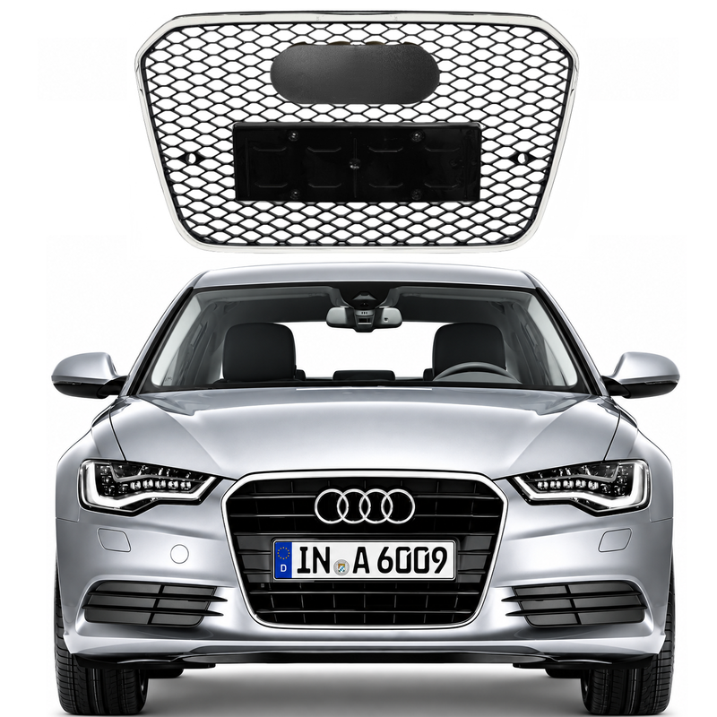 Car Craft Compatible With Audi A6 C7 2011-2015 Upgraded Front Bumper Show Grill Rs6 S6 Rs Sport Silver Frame Black Mesh All Logo Silver License Plate Eu Version A6-001 Gc