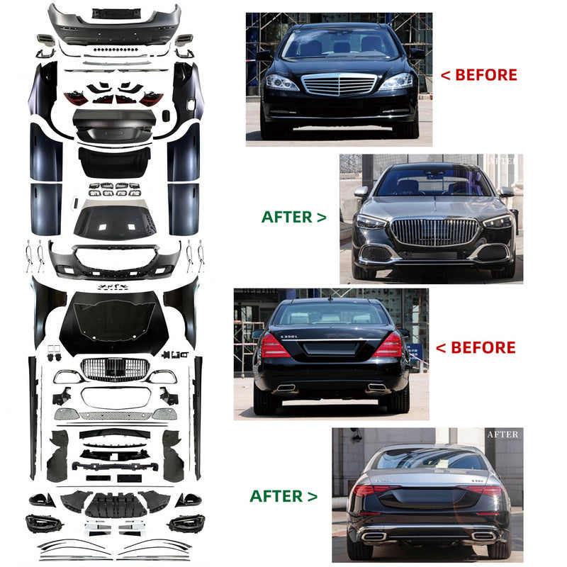 Car Craft Compatible With Mercedes Benz S Class W221 2006-2014 Upgrade Facelift Convert To 2024 Lci Maybach Bumper Hood Fender Skirts Headlight Taillight Glass With Door 1:1 CC-8553 - CAR CRAFT INDIA