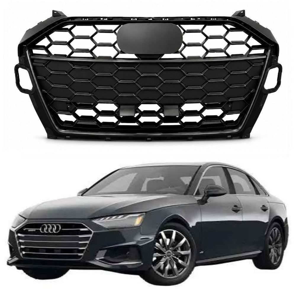 Car Craft Compatible With Audi A4 B9.5 2021+ Upgraded Front Bumper Show Grill Rs4 S4 Rs Sport Style Black Frame Black Mesh All Logo Silver License Plate Eu Version A4-036 Gc CC-10835