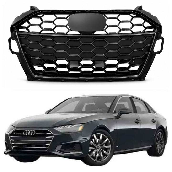Car Craft Compatible With Audi A4 B9.5 2021+ Upgraded Front Bumper Show Grill Rs4 S4 Rs Sport Style Black Frame Black Mesh All Logo Silver License Plate Eu Version A4-036 Gc CC-10835