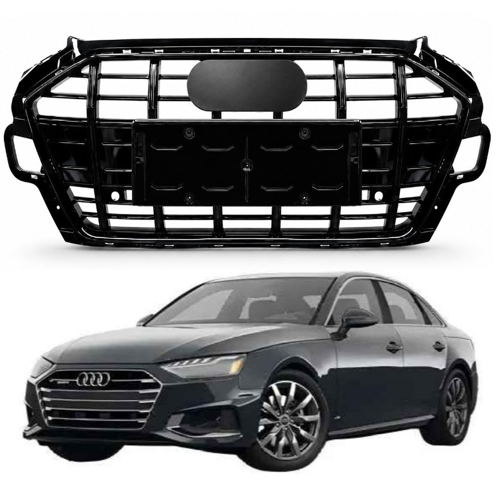Car Craft Compatible With Audi A4 B9.5 2021+ Upgraded Front Bumper Show Grill Rs4 S4 Rs Sport Style For All Road Model Usa Glossy Black Frame Black Strip All Logo Silver License Plate Eu Version A4-073 Gc