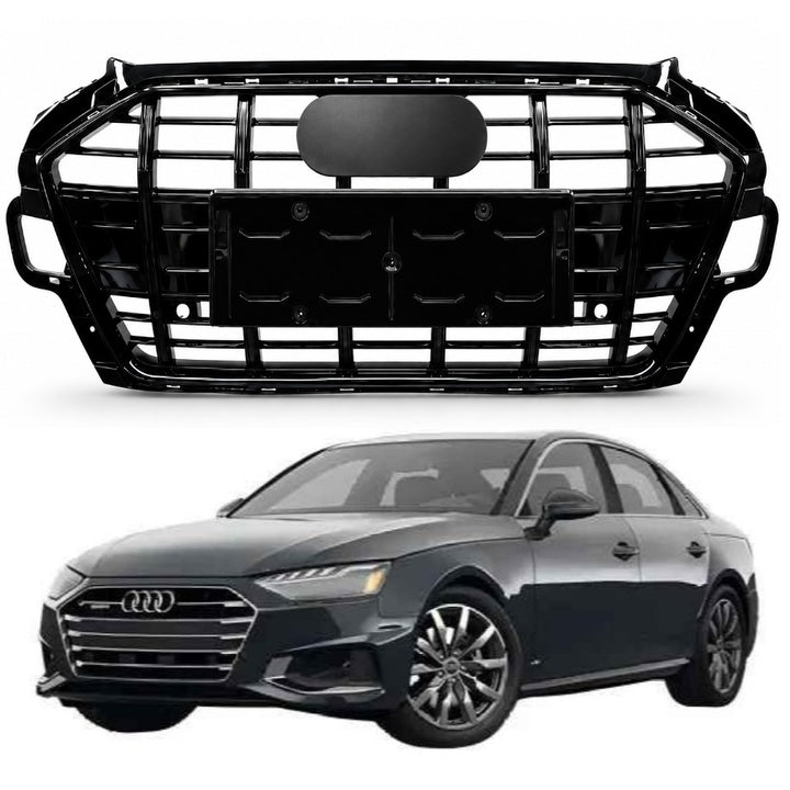 Car Craft Compatible With Audi A4 B9.5 2021+ Upgraded Front Bumper Show Grill Rs4 S4 Rs Sport Style For All Road Model Usa Glossy Black Frame Black Strip All Logo Silver License Plate Eu Version A4-073 Gc
