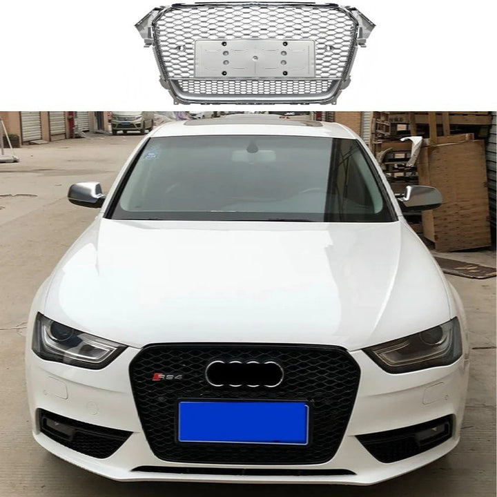 Car Craft Compatible With Audi A4 B8.5 2013-2016 Upgraded Front Bumper Show Grill Rs4 S4 Rs Sport Style Silver Frame Silver Mesh All Logo Silver License Plate Eu Version Nlg Qt A4-064 Gc