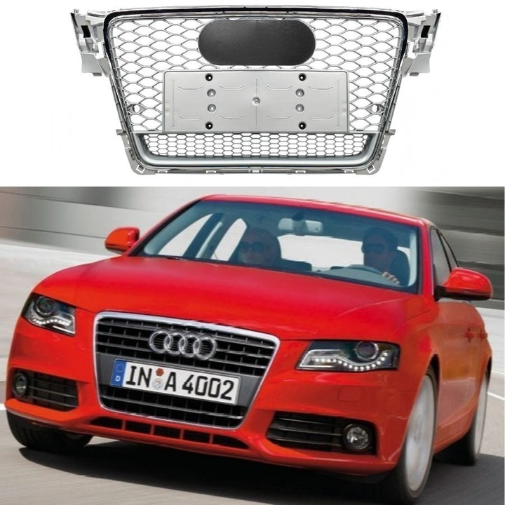 Car Craft Compatible With Audi A4 2009-2012 Upgraded Front Bumper Show Grill Rs4 Rs Sport Style Silver Frame Silver Mesh All Logo Silver License Plate Eu Version Quattro A4-058 Gc