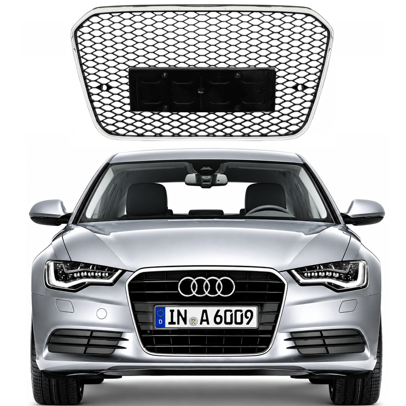 Car Craft Compatible With Audi A6 C7 2011-2015 Upgraded Front Bumper Show Grill Rs6 S6 Rs Sport Silver Frame Black Mesh No Logo License Plate Eu Version A6-005 Gc