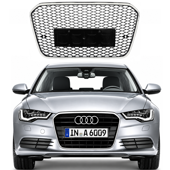Car Craft Compatible With Audi A6 C7 2011-2015 Upgraded Front Bumper Show Grill Rs6 S6 Rs Sport Silver Frame Black Mesh No Logo License Plate Eu Version A6-005 Gc