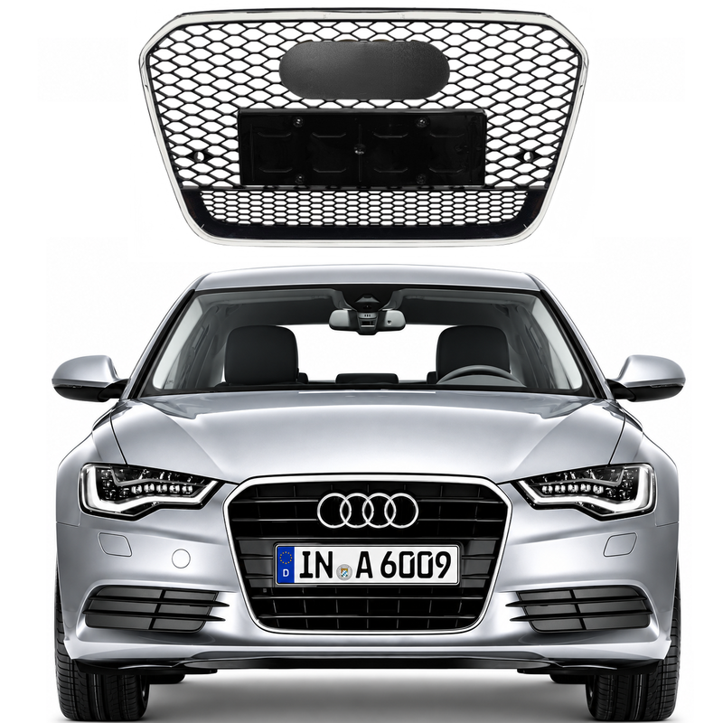 Car Craft Compatible With Audi A6 C7 2011-2015 Upgraded Front Bumper Show Grill Rs6 S6 Rs Sport Silver Frame Black Mesh All Logo Silver License Plate Eu Version A6-003 Gc