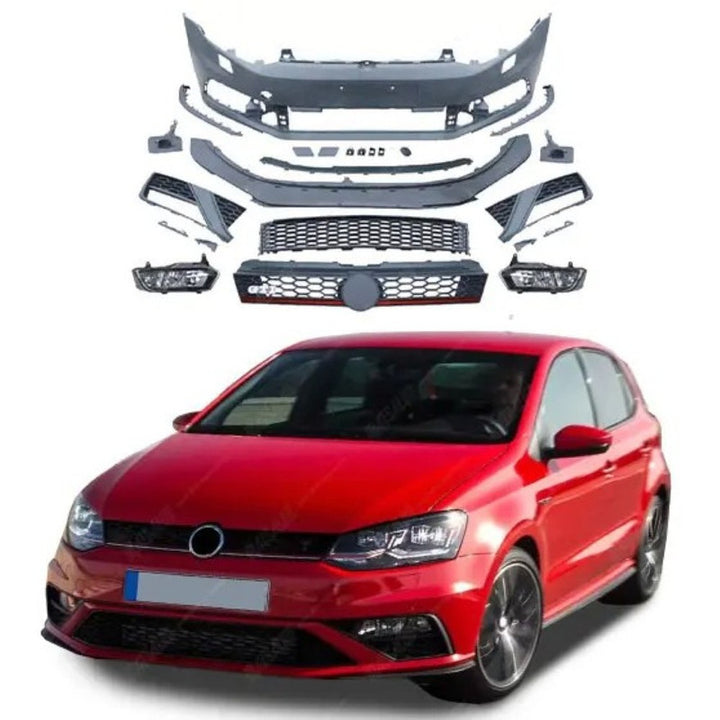 Car Craft Compatible With Vw Volkswagen Polo 2010-2024 Upgrade Facelift Convert To Gti Line Style Front Bumper Bodykit Fog Lamp Light Grill Mesh Front