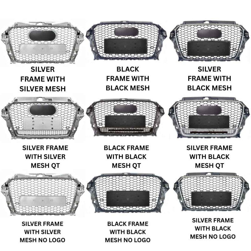 Car Craft Compatible With Audi A3 2014-2016 Upgraded Front Bumper Show Grill Rs3 S3 Rs Sport Style Silver Frame Black Mesh All Logo Silver A3-001 Gc - CAR CRAFT INDIA