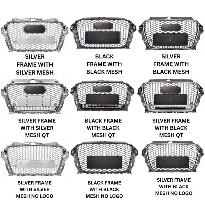 Car Craft Compatible With Audi A3 2014-2016 Upgraded Front Bumper Show Grill Rs3 S3 Rs Sport Style Silver Frame Silver Mesh All Logo Silver A3-003 Gc - CAR CRAFT INDIA