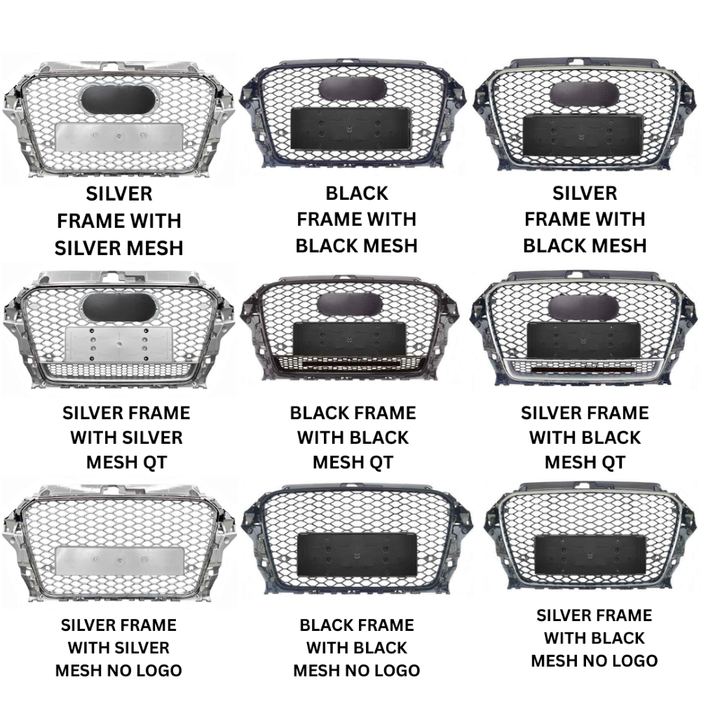 Car Craft Compatible With Audi A3 2014-2016 Upgraded Front Bumper Show Grill Rs3 S3 Rs Sport Style Silver Frame Silver Mesh All Logo Silver Quattro A3-006 Gc - CAR CRAFT INDIA